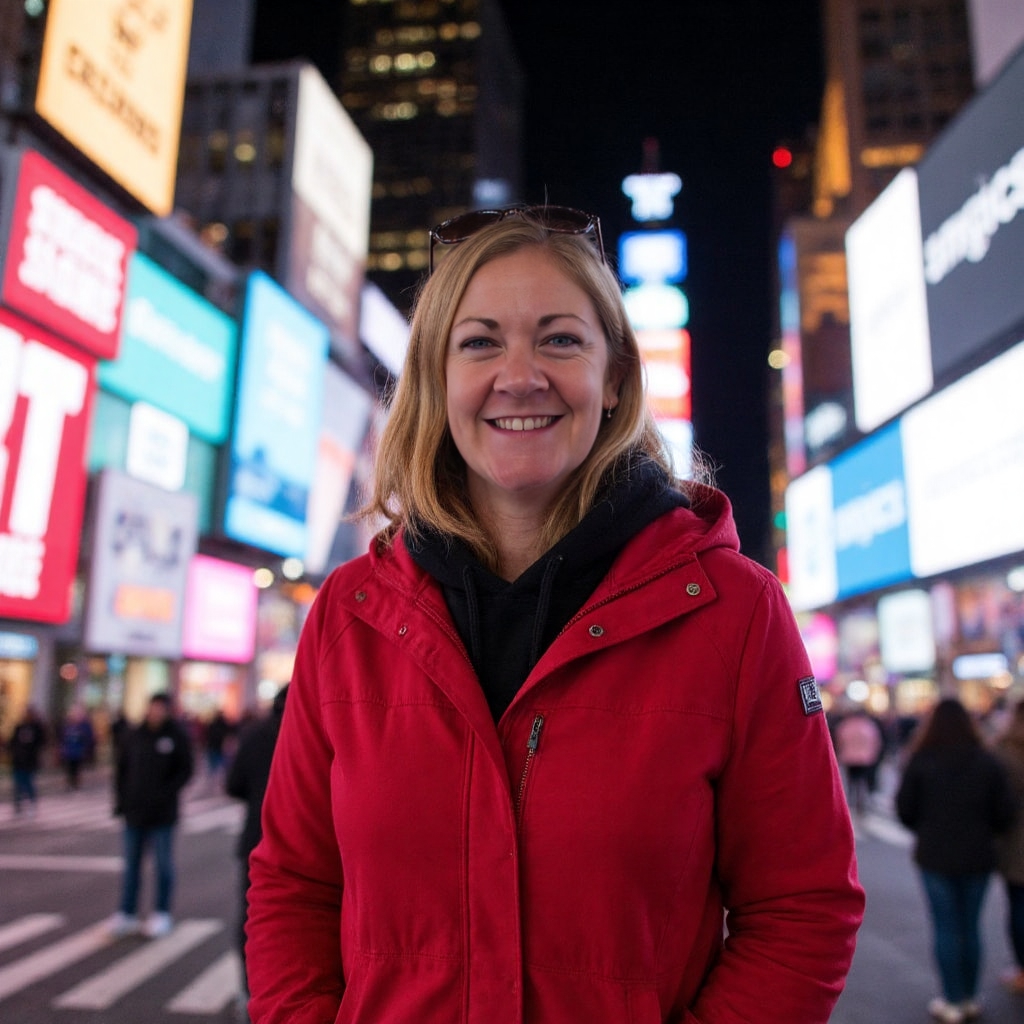 Woman in bold red jacket